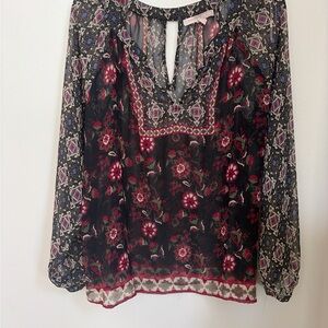 Forever 21 Black Sheer Floral Long-Sleeve Blouse with Red Accents